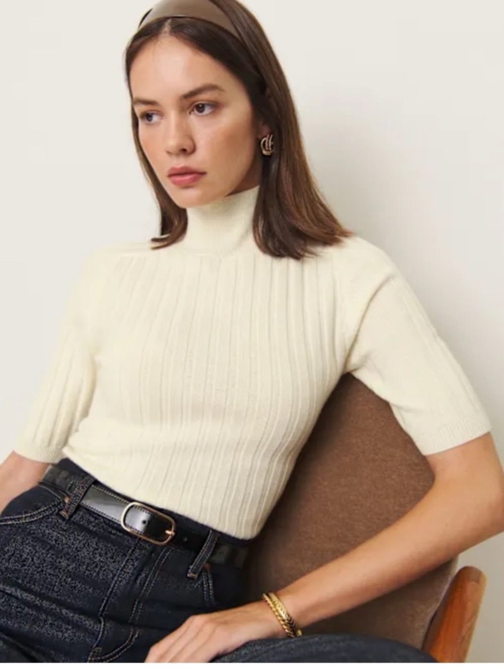 Cream Reformation Ribbed Mock Neck Sweater